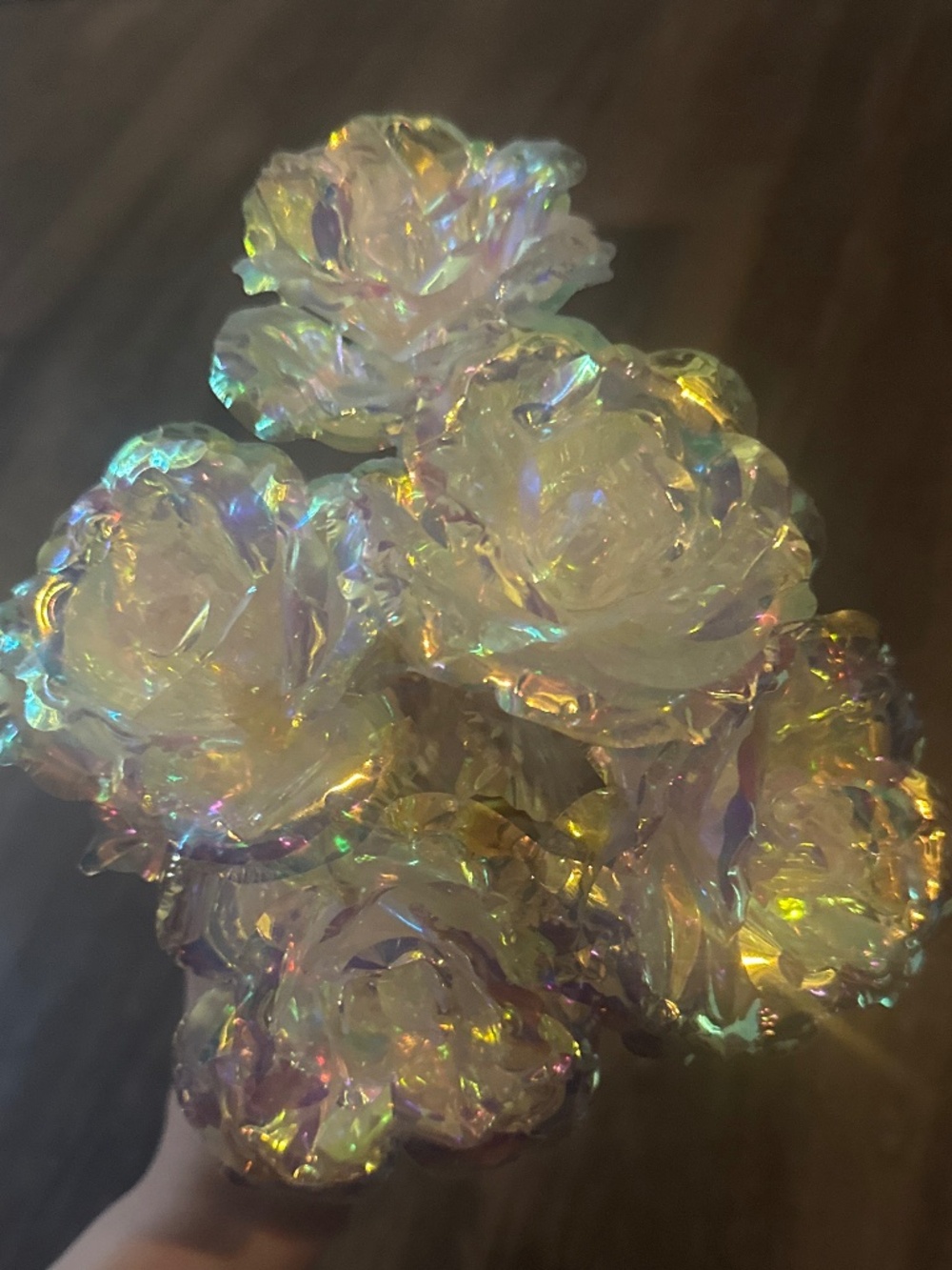 iridescent and gold plastic flowers